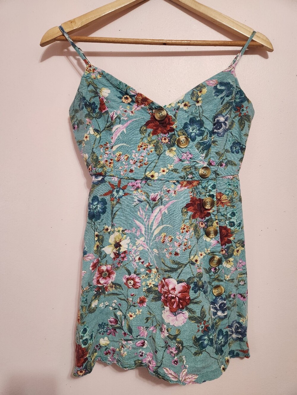 Lush Linen Floral Mini Dress Button Front V-Neck Cottagecore Dusty Blue Small